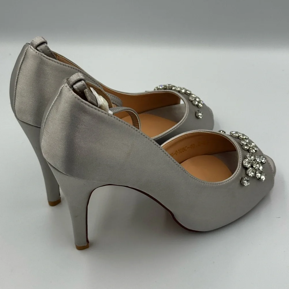 Silver Satin Peep Toe Heels with Rhinestones, Size 9W (NWT)